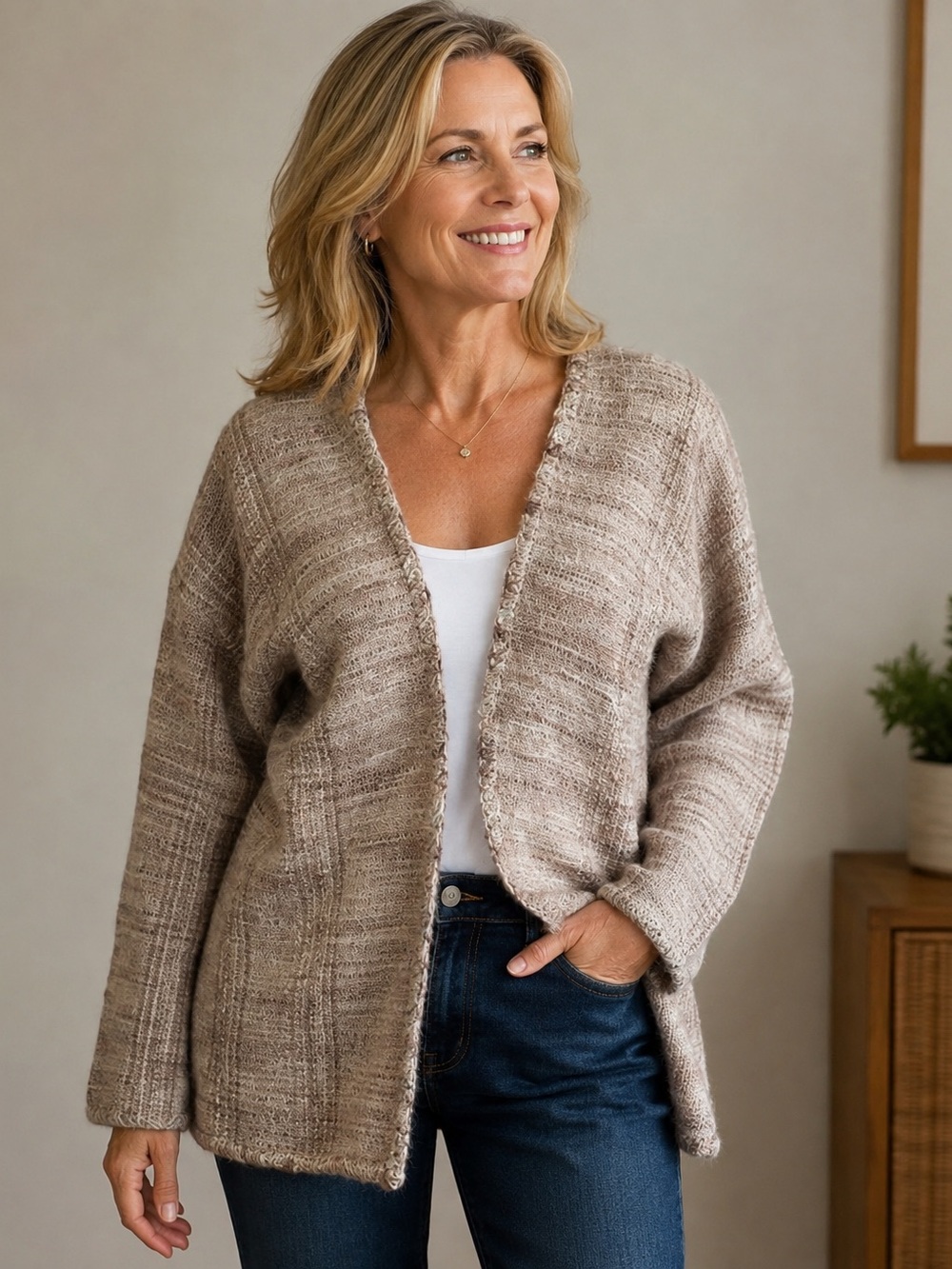 Leslie Wright art to wear  Handwoven Open front oatmeal color Cardigan L/XL ?